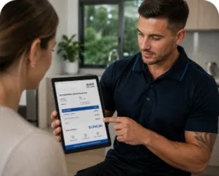 Plumber showing a Burwood Heights customer the quote on a tablet
