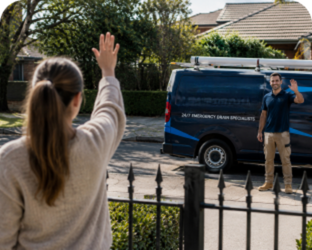 Customer waving goodbye to a Burwood Heights Blocked Drains plumber